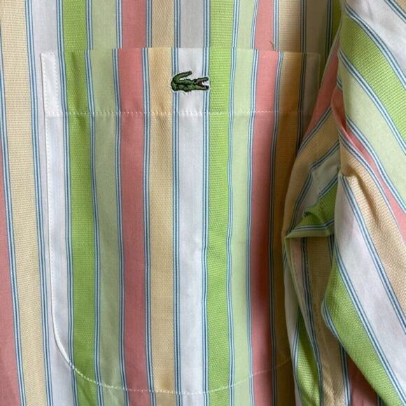 Lacoste Men's Size 40 Striped Lime Green Peach White Pointed Collar Long Sleeve - Picture 3 of 10